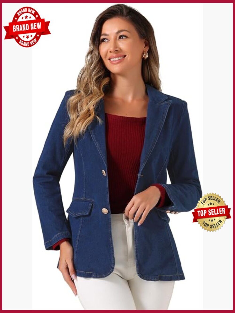 Notched Lapel Denim Blazer Women Casual Work Long Sleeve Shoulder Pads Jackets